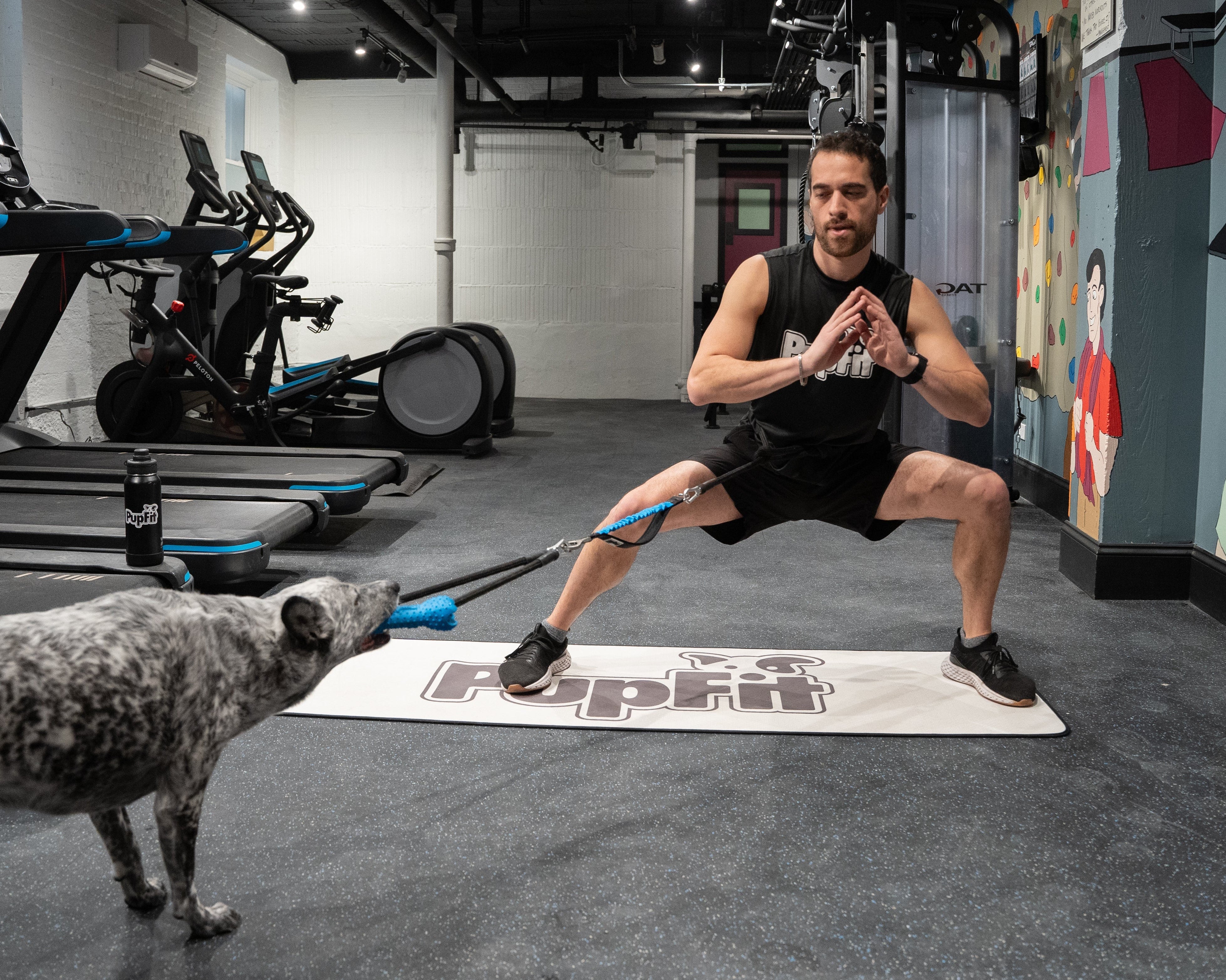 Man exercising with a dog on a mat in a gym setting with pupfit tug toy