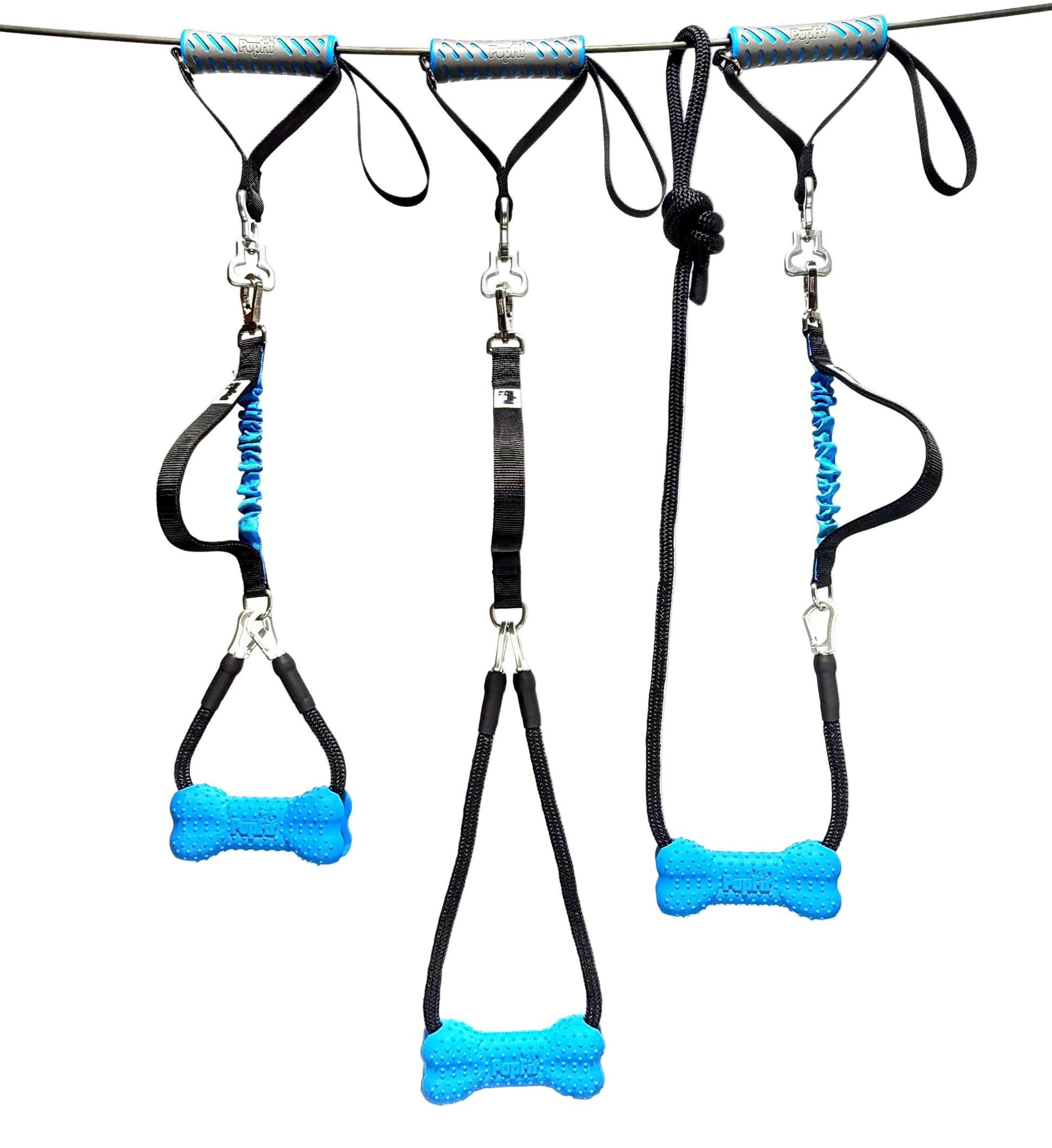 PupFit Omega pack assembled — complete dog fitness kit with leash, bone, handles, and bag