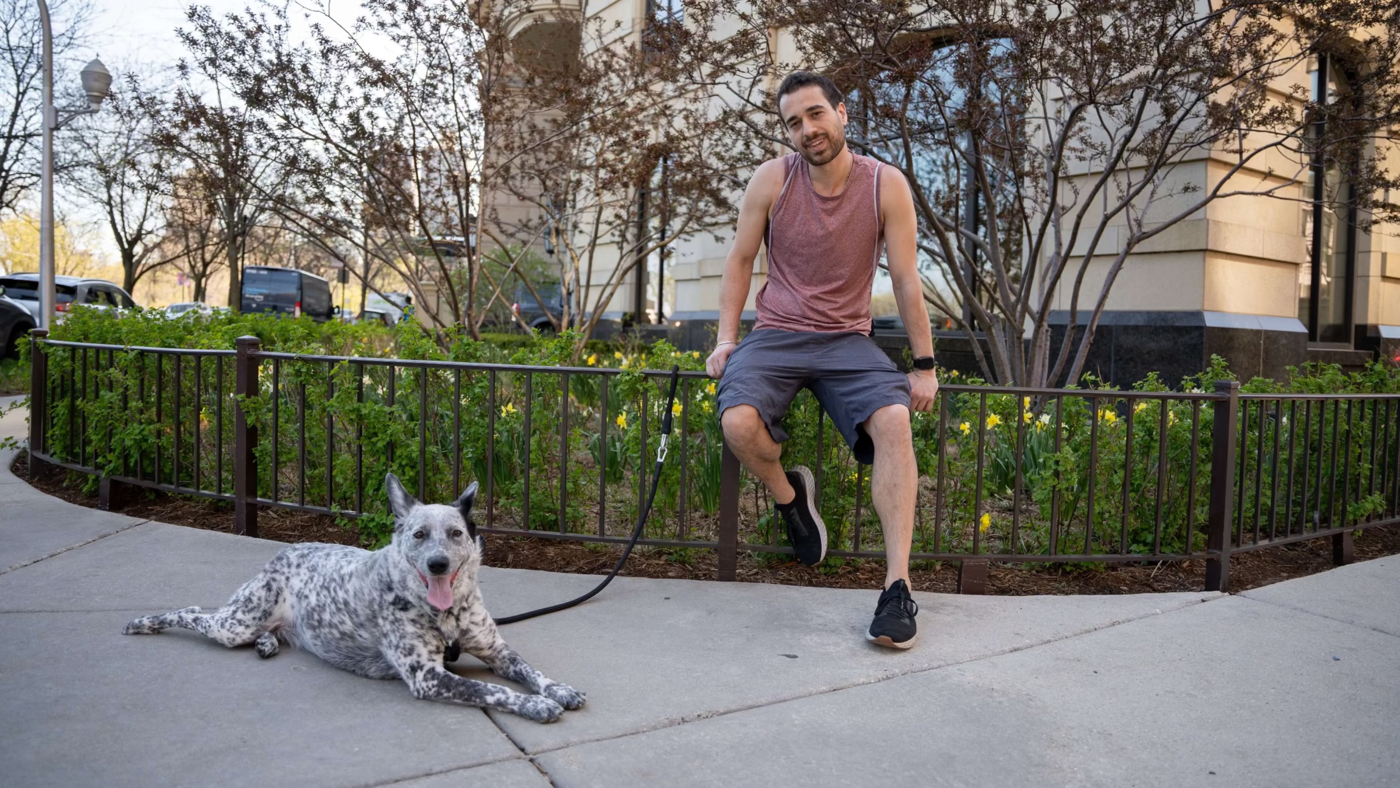 Man and dog on a sidewalk with a leash, surrounded by trees and buildings.