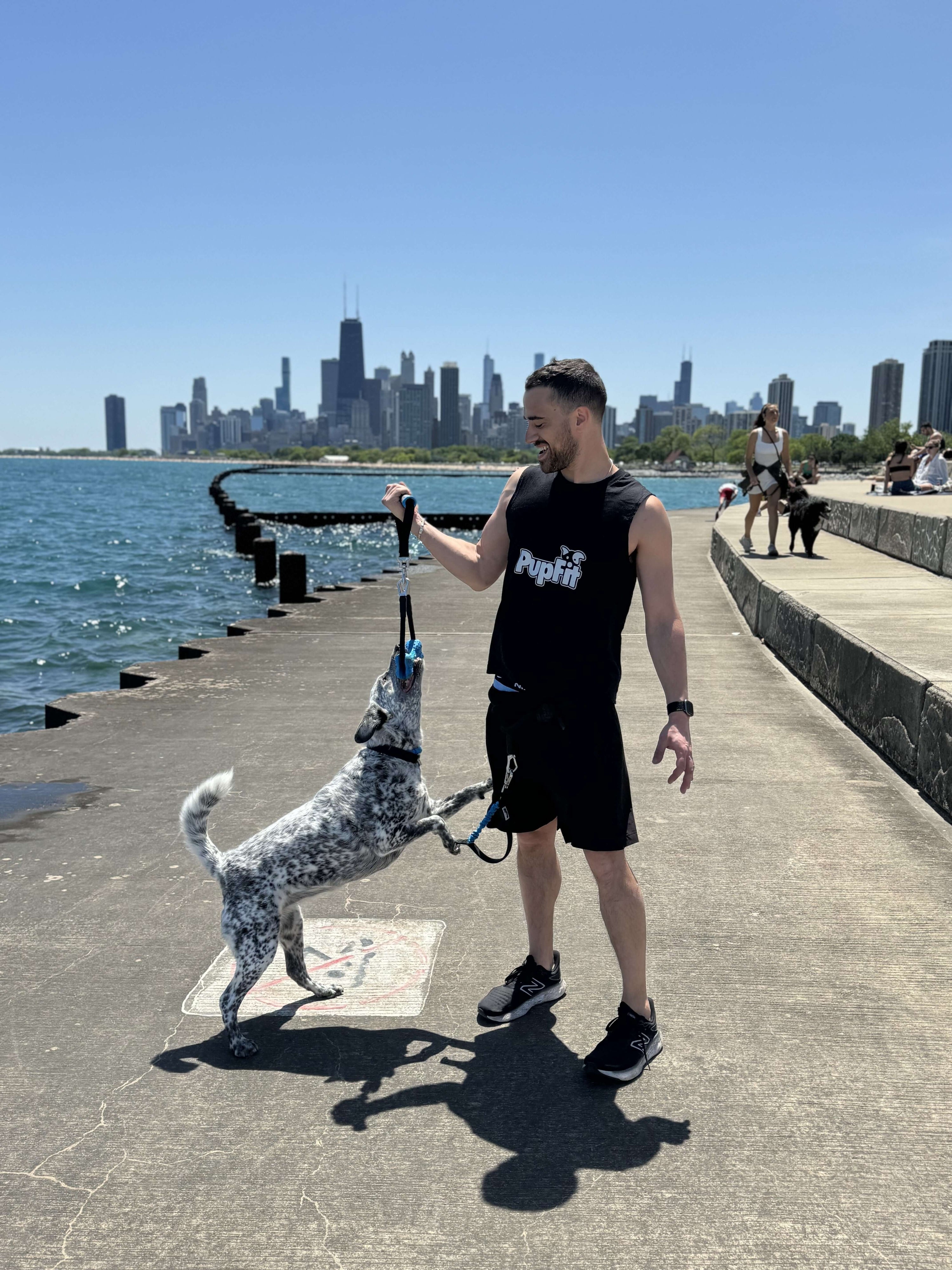 Dog owner playing tug with PupFit bone at the lake — outdoor human-dog workout