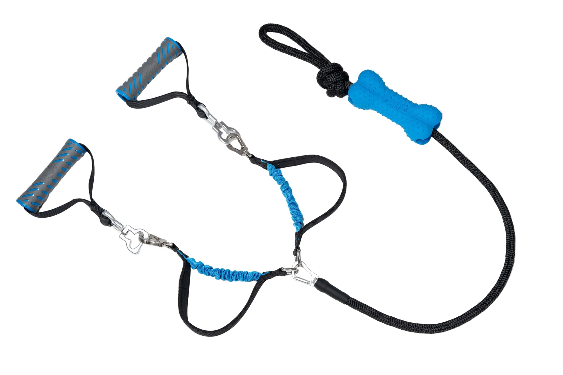 PupFit Dual Omega pack assembled — complete dog fitness kit with adjustable leash, bone, handles, and bag