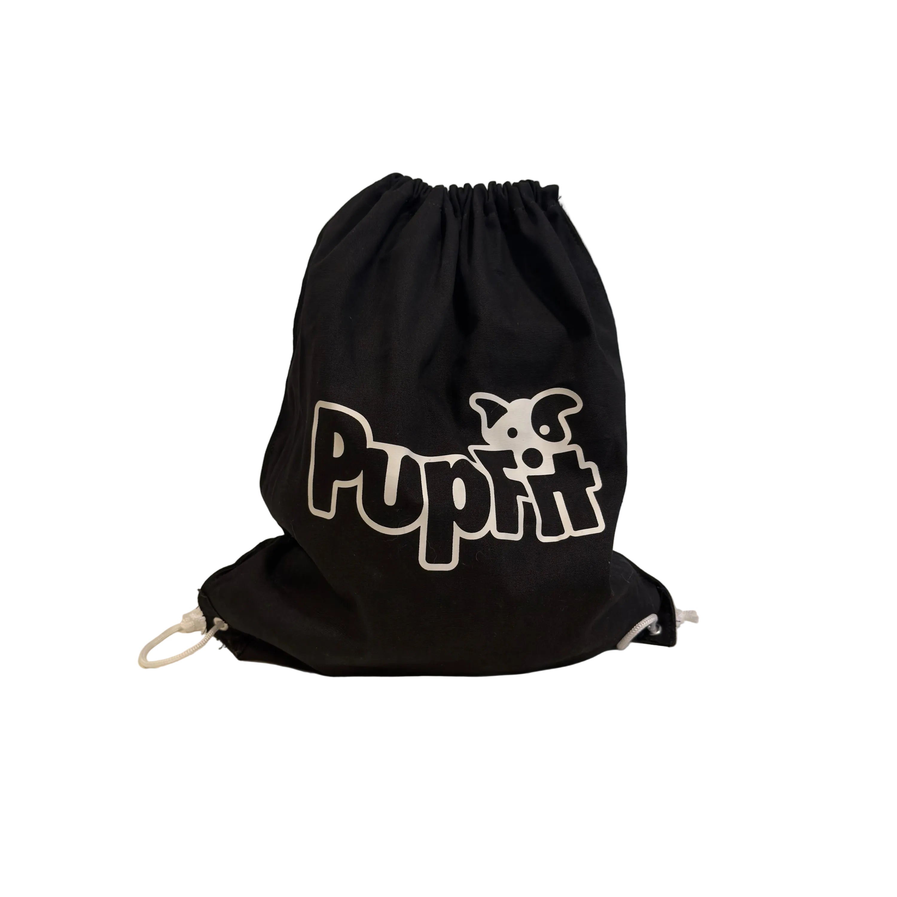 Black drawstring bag with 'Pupfit' logo on a white background