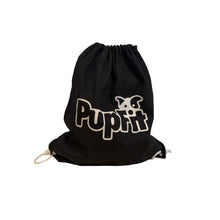 Black drawstring bag with 'Pupfit' logo on a white background