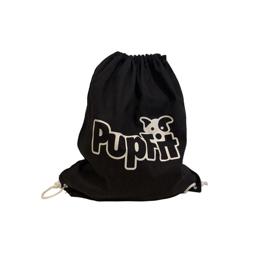 Black drawstring bag with 'Pupfit' logo on a white background
