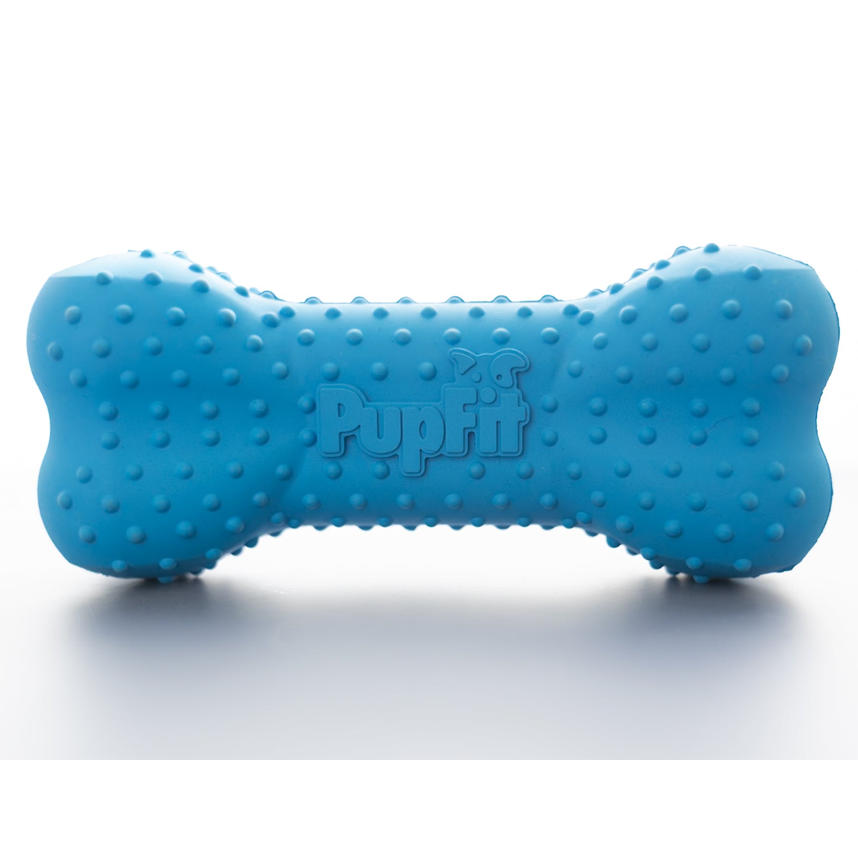 Blue bone-shaped dog toy with 'Pupfit' branding on a white background