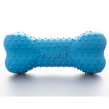 Blue bone-shaped dog toy with 'Pupfit' branding on a white background