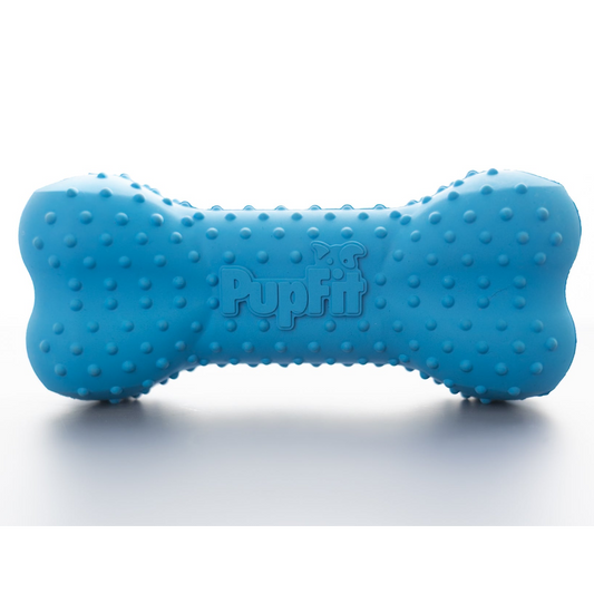 Blue bone-shaped dog toy with 'Pupfit' branding on a white background