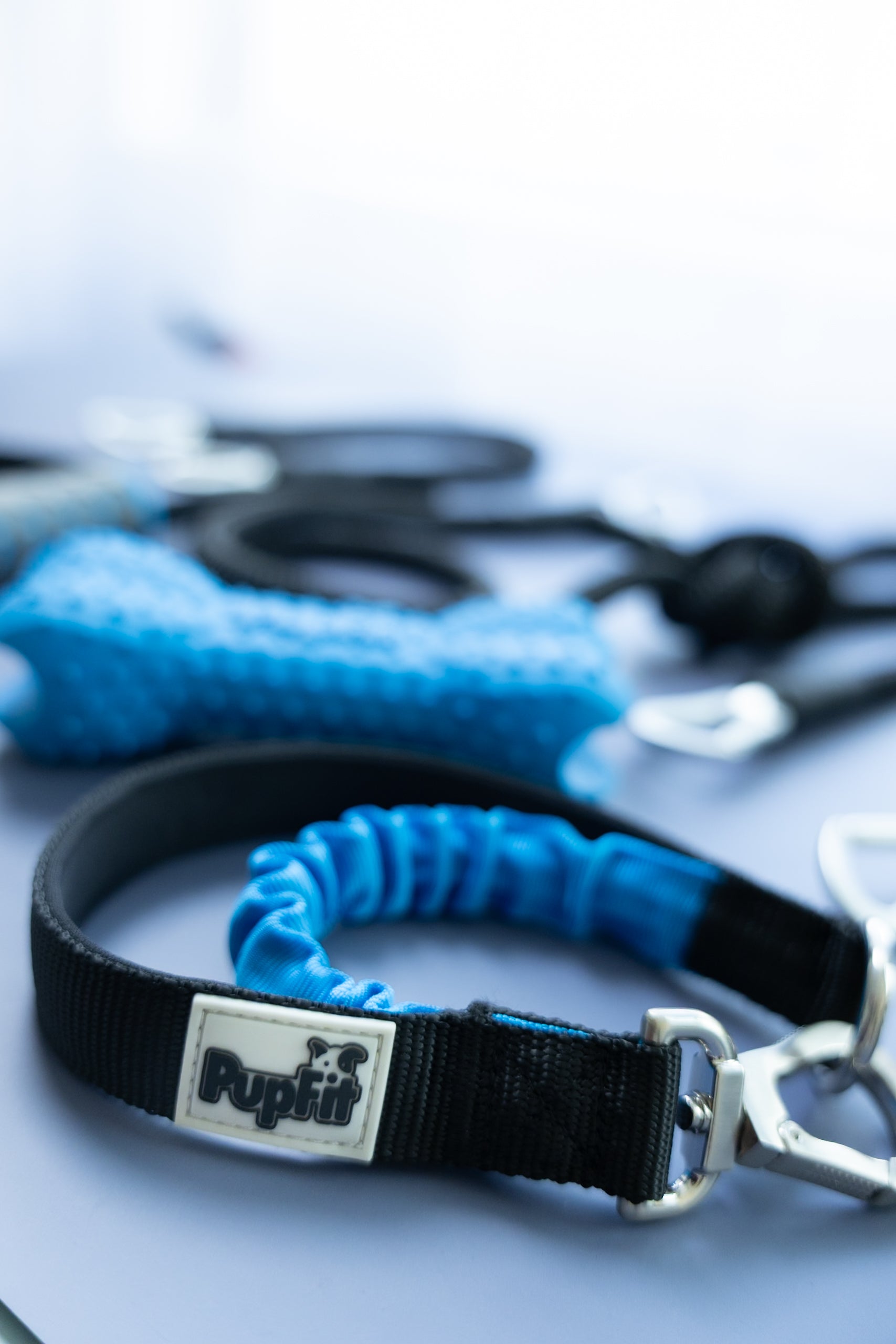 Blue dog leash with black handle and metal clip on a white surface