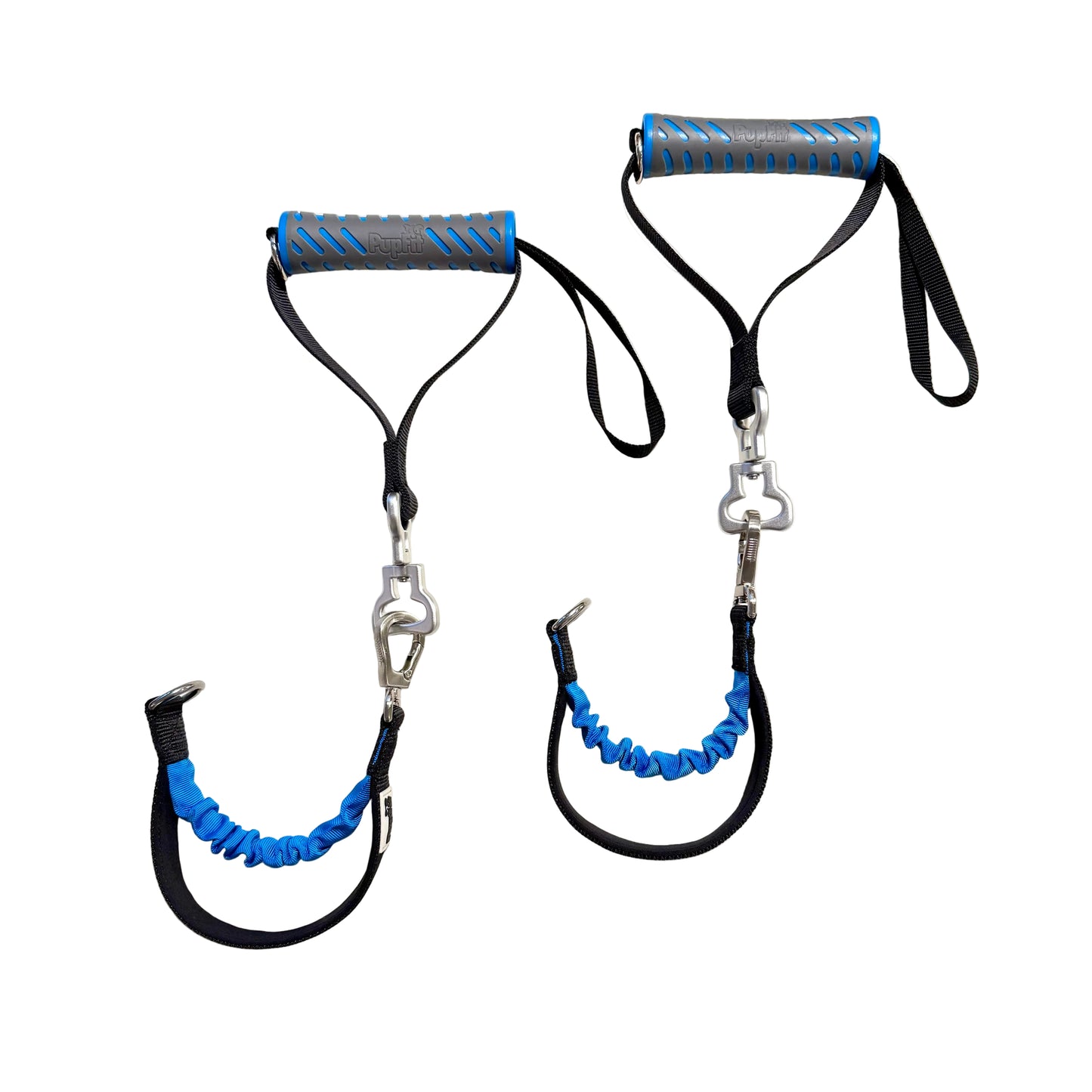 Two resistance bands with blue and black handles on a white round table.